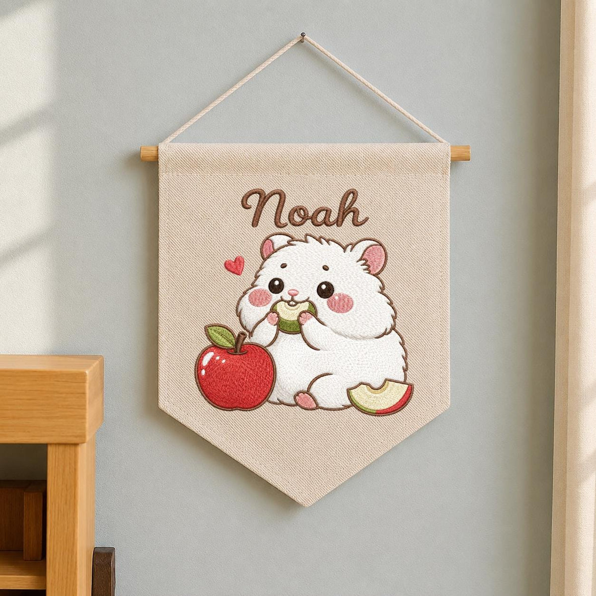 Personalized Embroidered Hamster Name Banner, Nursery Wall Decor, Apple Canvas Hanging