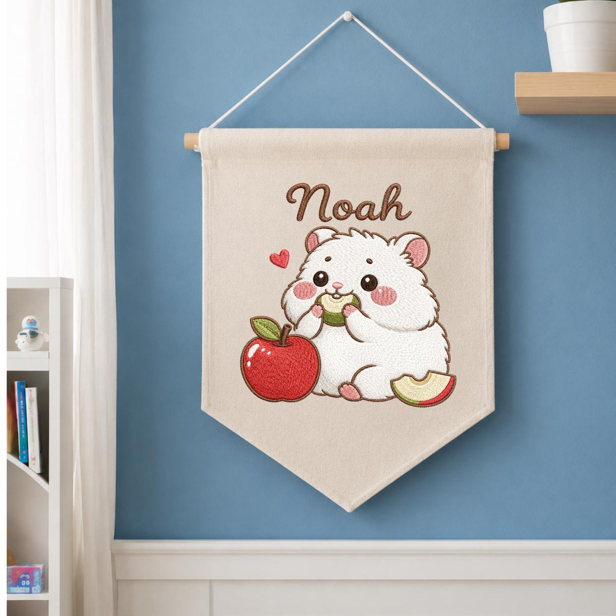 Personalized Embroidered Hamster Name Banner, Nursery Wall Decor, Apple Canvas Hanging