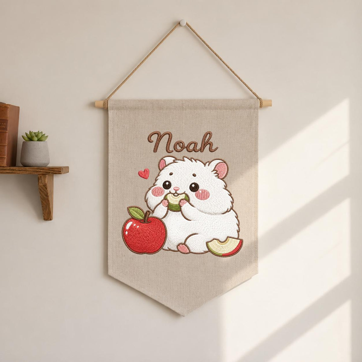 Personalized Embroidered Hamster Name Banner, Nursery Wall Decor, Apple Canvas Hanging