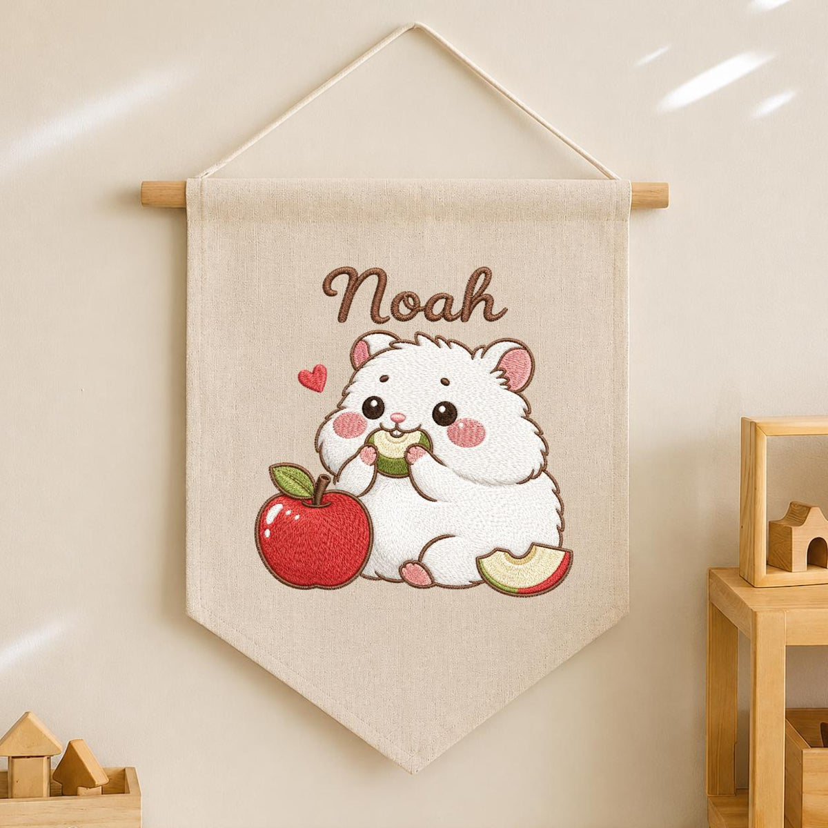 Personalized Embroidered Hamster Name Banner, Nursery Wall Decor, Apple Canvas Hanging