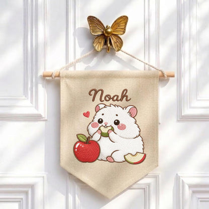 Personalized Embroidered Hamster Name Banner, Nursery Wall Decor, Apple Canvas Hanging