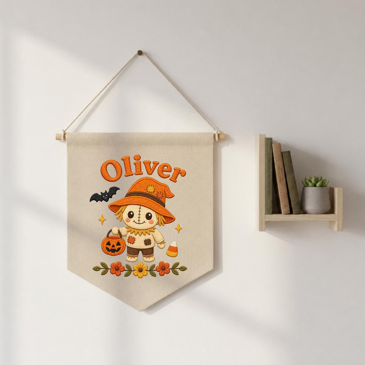 Personalized Scarecrow Banner, Embroidered Halloween Name Decor, Linen Wall Hanging