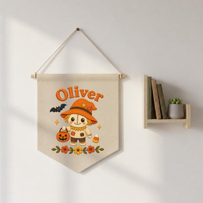 Personalized Scarecrow Banner, Embroidered Halloween Name Decor, Linen Wall Hanging