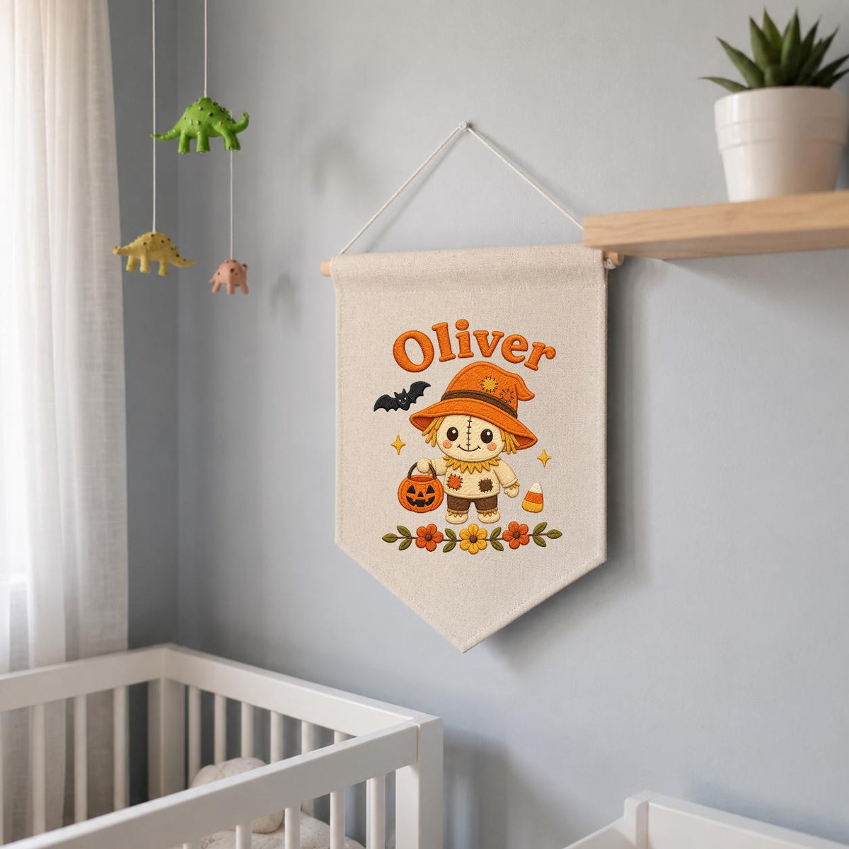 Personalized Scarecrow Banner, Embroidered Halloween Name Decor, Linen Wall Hanging