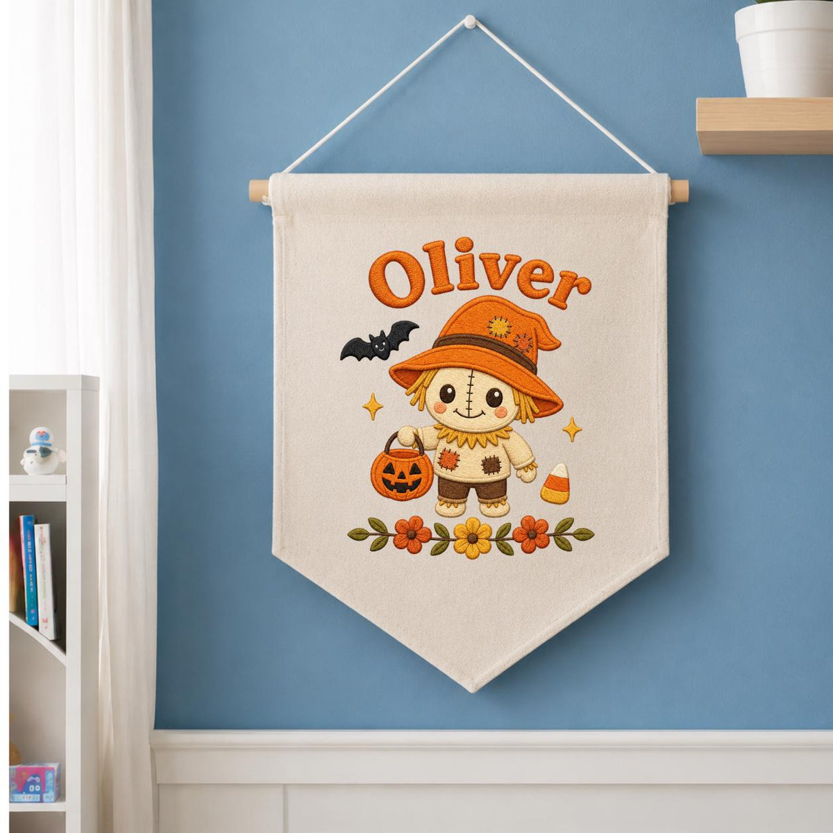 Personalized Scarecrow Banner, Embroidered Halloween Name Decor, Linen Wall Hanging