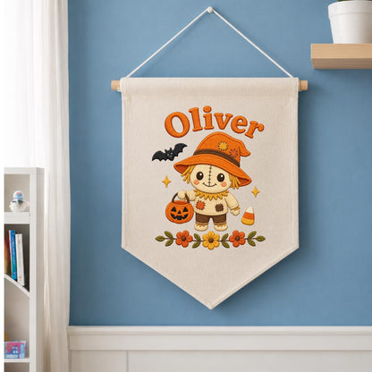 Personalized Scarecrow Banner, Embroidered Halloween Name Decor, Linen Wall Hanging