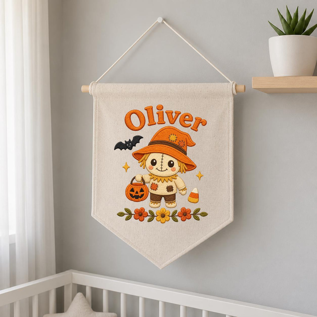 Personalized Scarecrow Banner, Embroidered Halloween Name Decor, Linen Wall Hanging