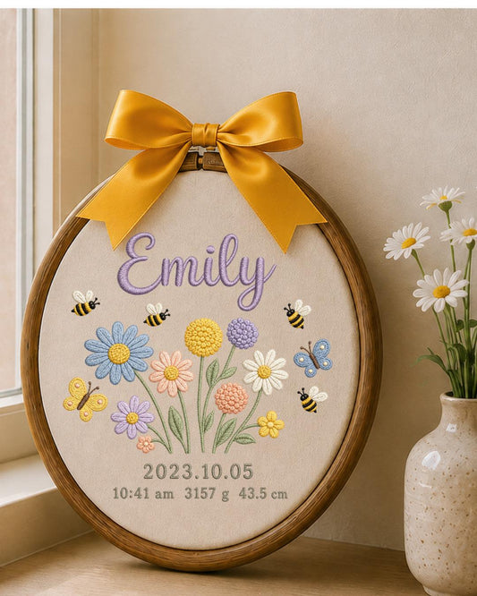 Personalized Birth Flower Embroidery Hoop, Custom Baby Name and Birth Stats Ornament, Floral Nursery Wall Decor, Newborn Keepsake Gift