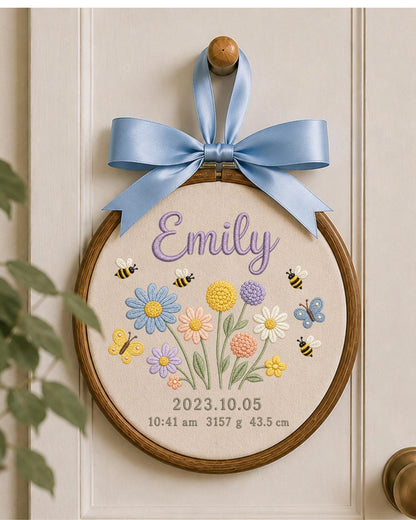 Personalized Birth Flower Embroidery Hoop, Custom Baby Name and Birth Stats Ornament, Floral Nursery Wall Decor, Newborn Keepsake Gift