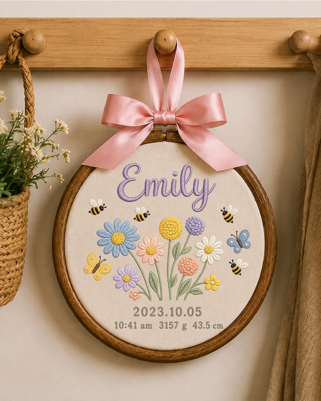 Personalized Birth Flower Embroidery Hoop, Custom Baby Name and Birth Stats Ornament, Floral Nursery Wall Decor, Newborn Keepsake Gift