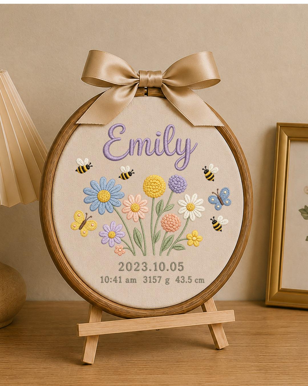Personalized Birth Flower Embroidery Hoop, Custom Baby Name and Birth Stats Ornament, Floral Nursery Wall Decor, Newborn Keepsake Gift