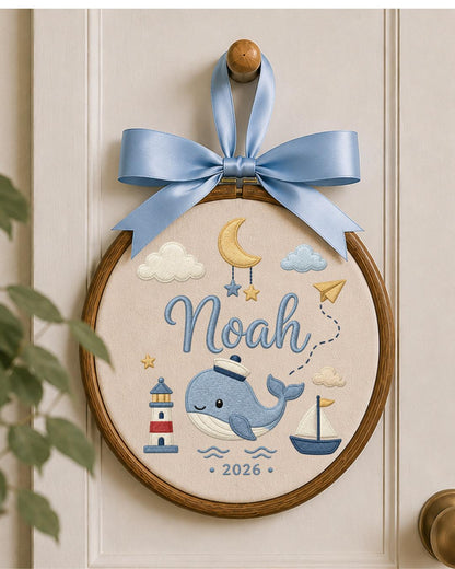 Personalized Whale Embroidery Hoop, Custom Baby Name Ornament, Nautical Nursery Wall Decor, Baby Boy Room Sign, Newborn Keepsake Gift