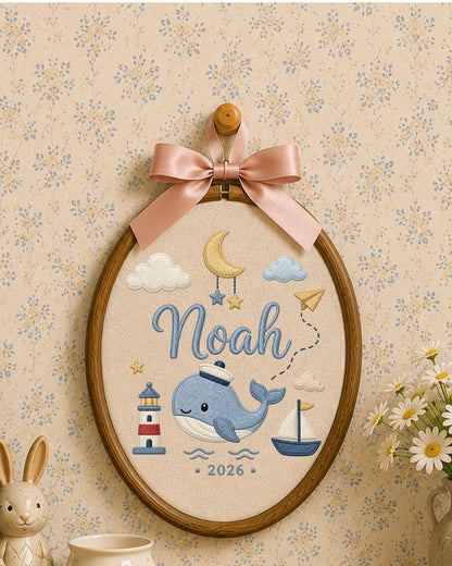Personalized Whale Embroidery Hoop, Custom Baby Name Ornament, Nautical Nursery Wall Decor, Baby Boy Room Sign, Newborn Keepsake Gift