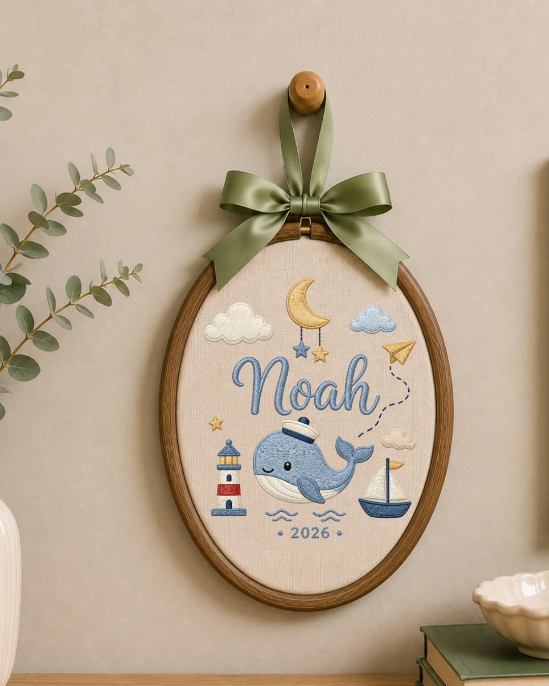 Personalized Whale Embroidery Hoop, Custom Baby Name Ornament, Nautical Nursery Wall Decor, Baby Boy Room Sign, Newborn Keepsake Gift