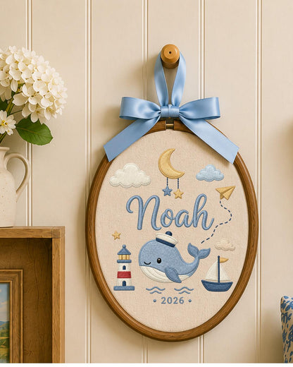 Personalized Whale Embroidery Hoop, Custom Baby Name Ornament, Nautical Nursery Wall Decor, Baby Boy Room Sign, Newborn Keepsake Gift