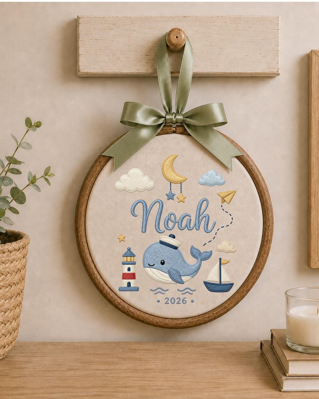 Personalized Whale Embroidery Hoop, Custom Baby Name Ornament, Nautical Nursery Wall Decor, Baby Boy Room Sign, Newborn Keepsake Gift