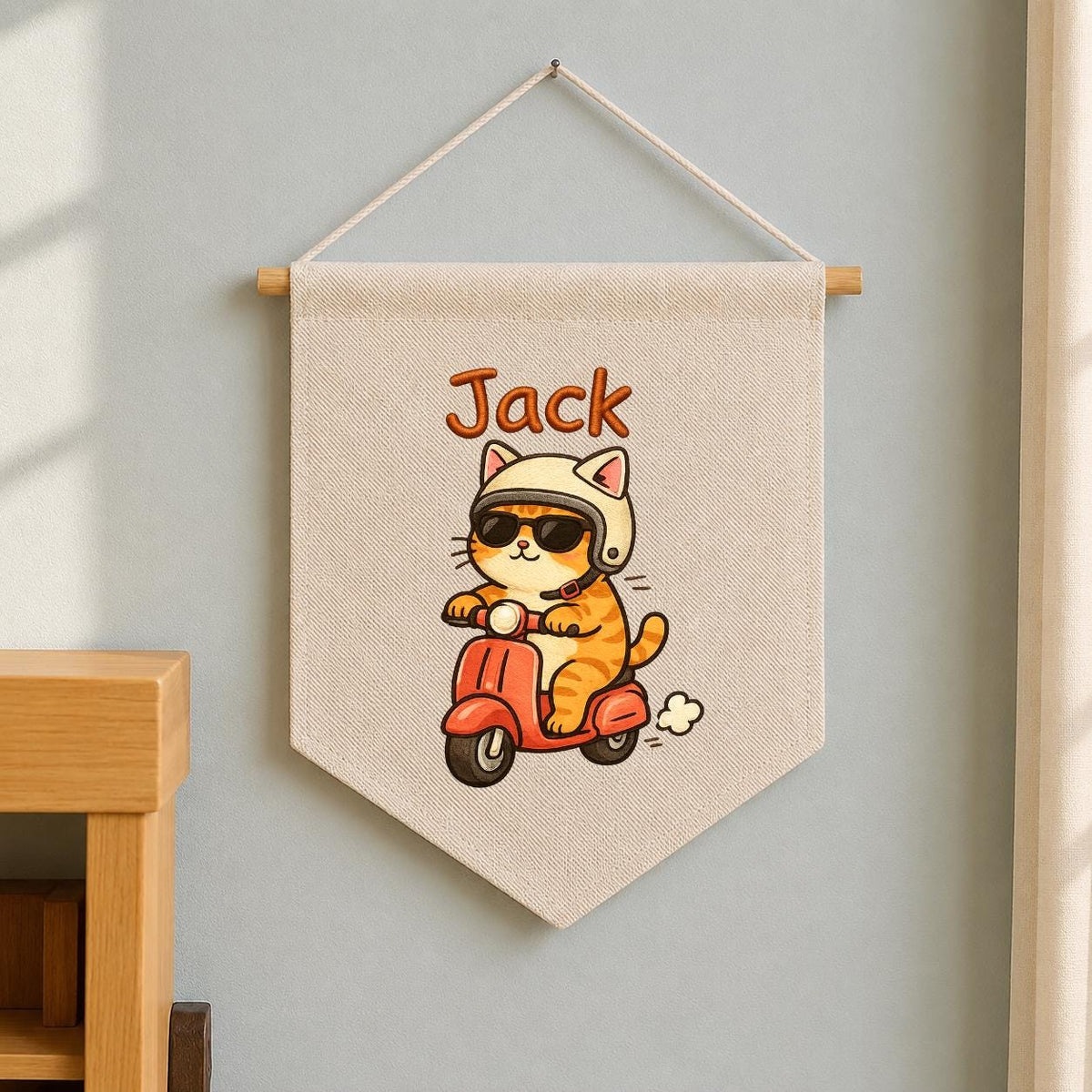 Personalized Ginger Cat Scooter Linen Banner, Embroidered Name Wall Hanging