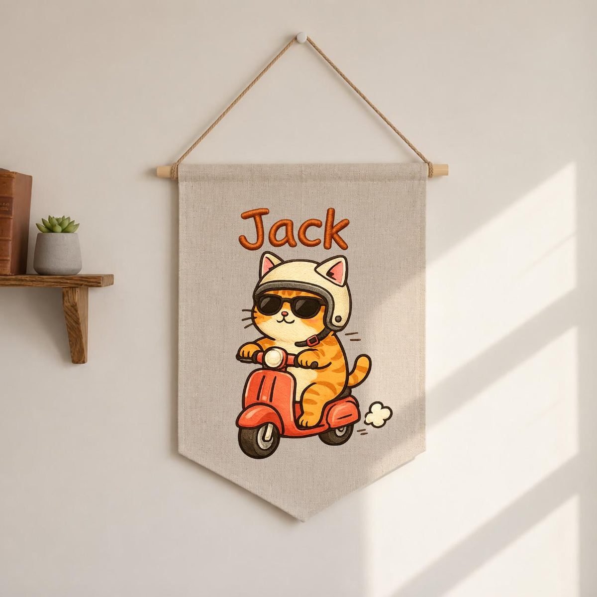 Personalized Ginger Cat Scooter Linen Banner, Embroidered Name Wall Hanging