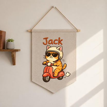 Personalized Ginger Cat Scooter Linen Banner, Embroidered Name Wall Hanging