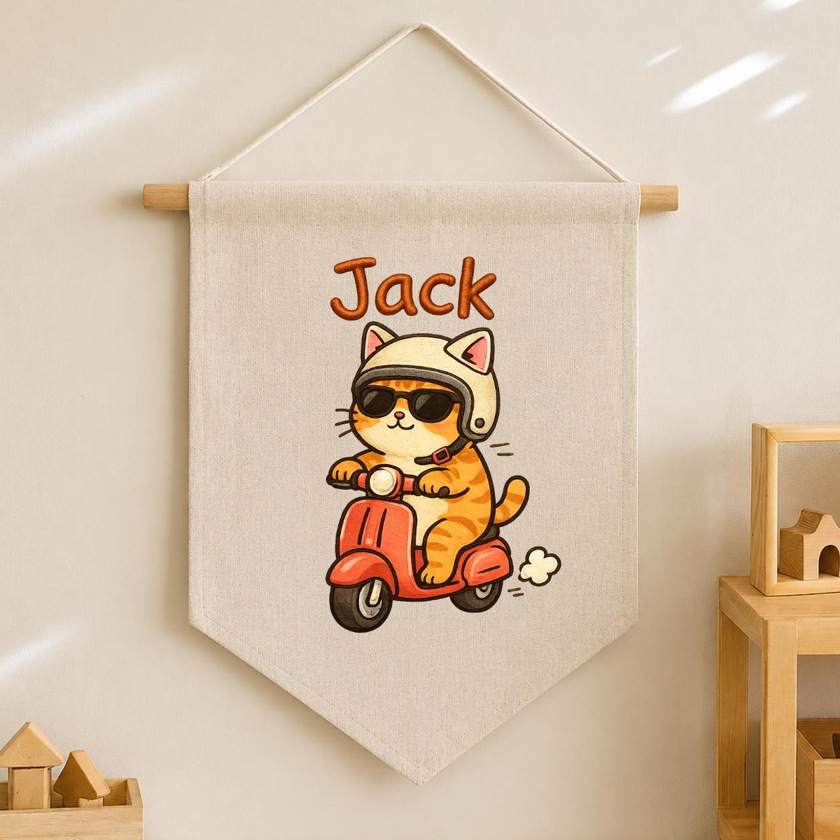 Personalized Ginger Cat Scooter Linen Banner, Embroidered Name Wall Hanging