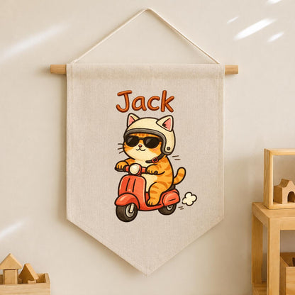 Personalized Ginger Cat Scooter Linen Banner, Embroidered Name Wall Hanging