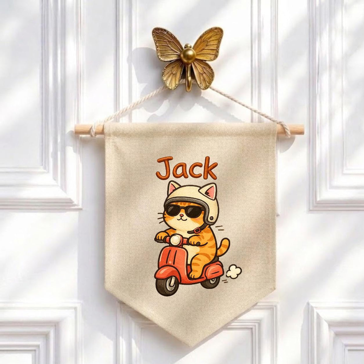 Personalized Ginger Cat Scooter Linen Banner, Embroidered Name Wall Hanging
