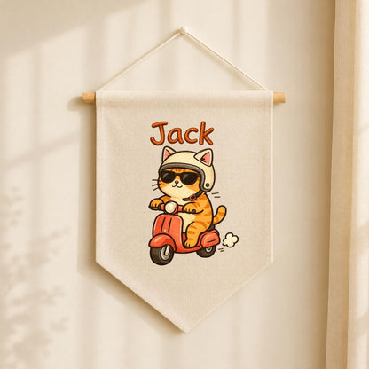 Personalized Ginger Cat Scooter Linen Banner, Embroidered Name Wall Hanging