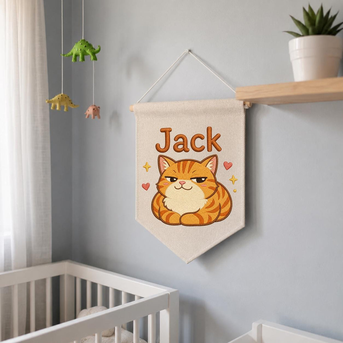Personalized Ginger Cat Embroidered Banner, Custom Name Nursery Decor, Linen Wall Art