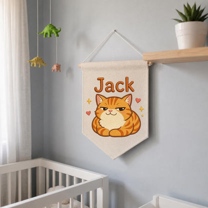 Personalized Ginger Cat Embroidered Banner, Custom Name Nursery Decor, Linen Wall Art