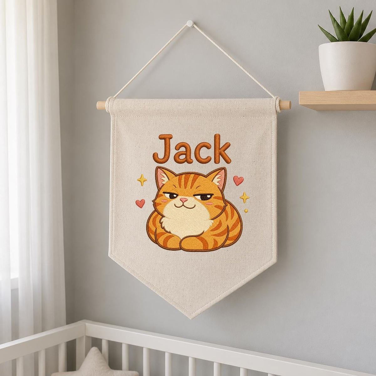 Personalized Ginger Cat Embroidered Banner, Custom Name Nursery Decor, Linen Wall Art