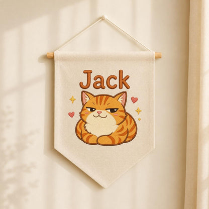Personalized Ginger Cat Embroidered Banner, Custom Name Nursery Decor, Linen Wall Art