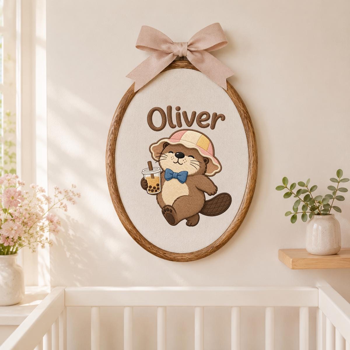 Embroidered Otter Boba Tea Hoop Art, Personalized Nursery Name Sign