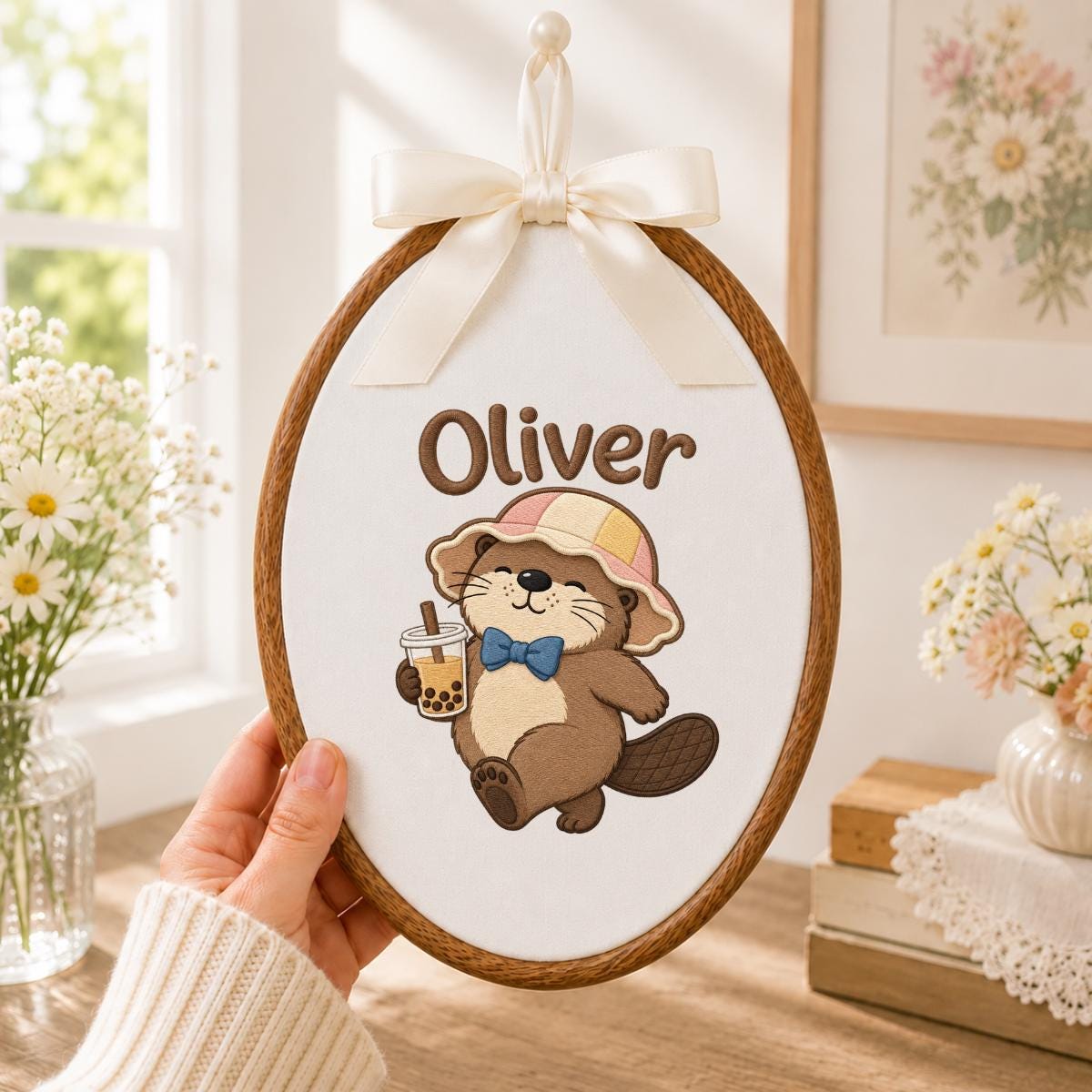 Embroidered Otter Boba Tea Hoop Art, Personalized Nursery Name Sign