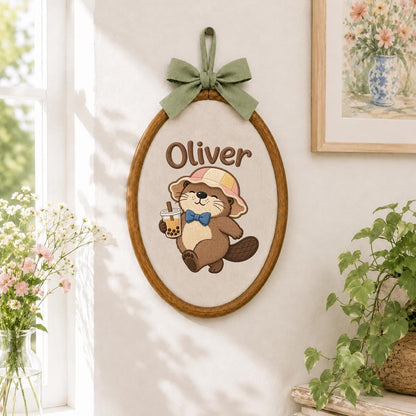 Embroidered Otter Boba Tea Hoop Art, Personalized Nursery Name Sign
