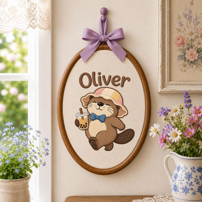 Embroidered Otter Boba Tea Hoop Art, Personalized Nursery Name Sign