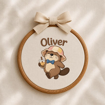 Embroidered Otter Boba Tea Hoop Art, Personalized Nursery Name Sign