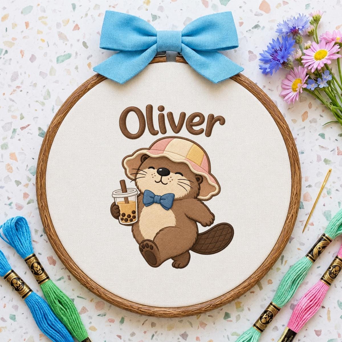 Embroidered Otter Boba Tea Hoop Art, Personalized Nursery Name Sign