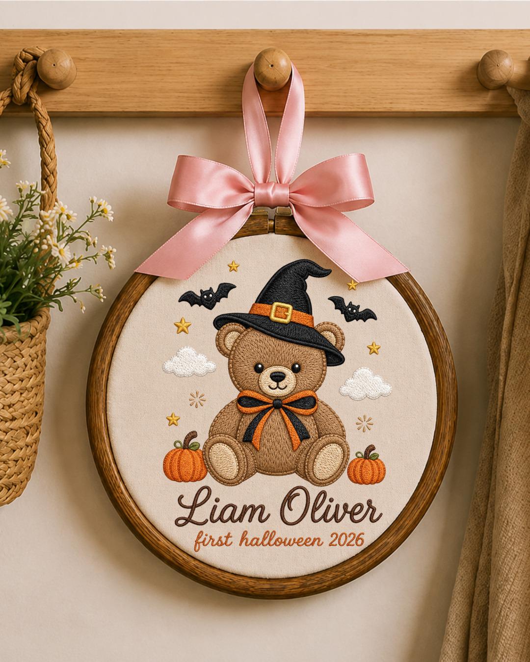 Personalized Embroidered Halloween Ornament, Baby First Halloween 2026 Keepsake, Custom Name Teddy Bear Hoop, Nursery Fall Decor