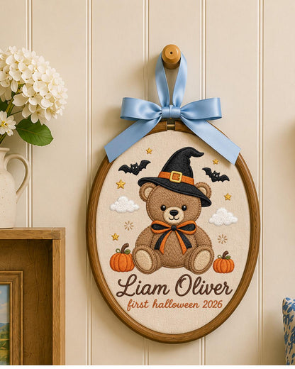 Personalized Embroidered Halloween Ornament, Baby First Halloween 2026 Keepsake, Custom Name Teddy Bear Hoop, Nursery Fall Decor