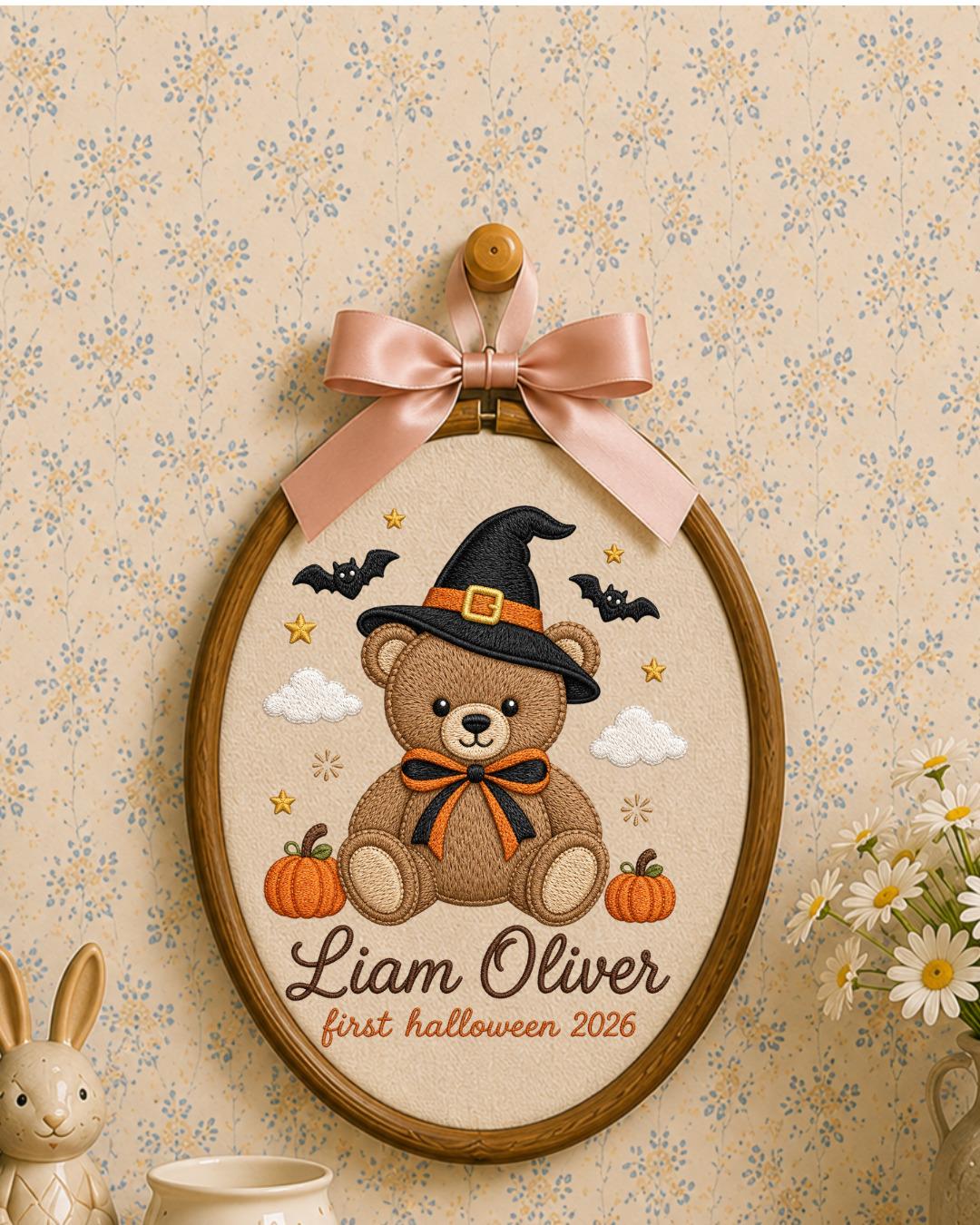 Personalized Embroidered Halloween Ornament, Baby First Halloween 2026 Keepsake, Custom Name Teddy Bear Hoop, Nursery Fall Decor