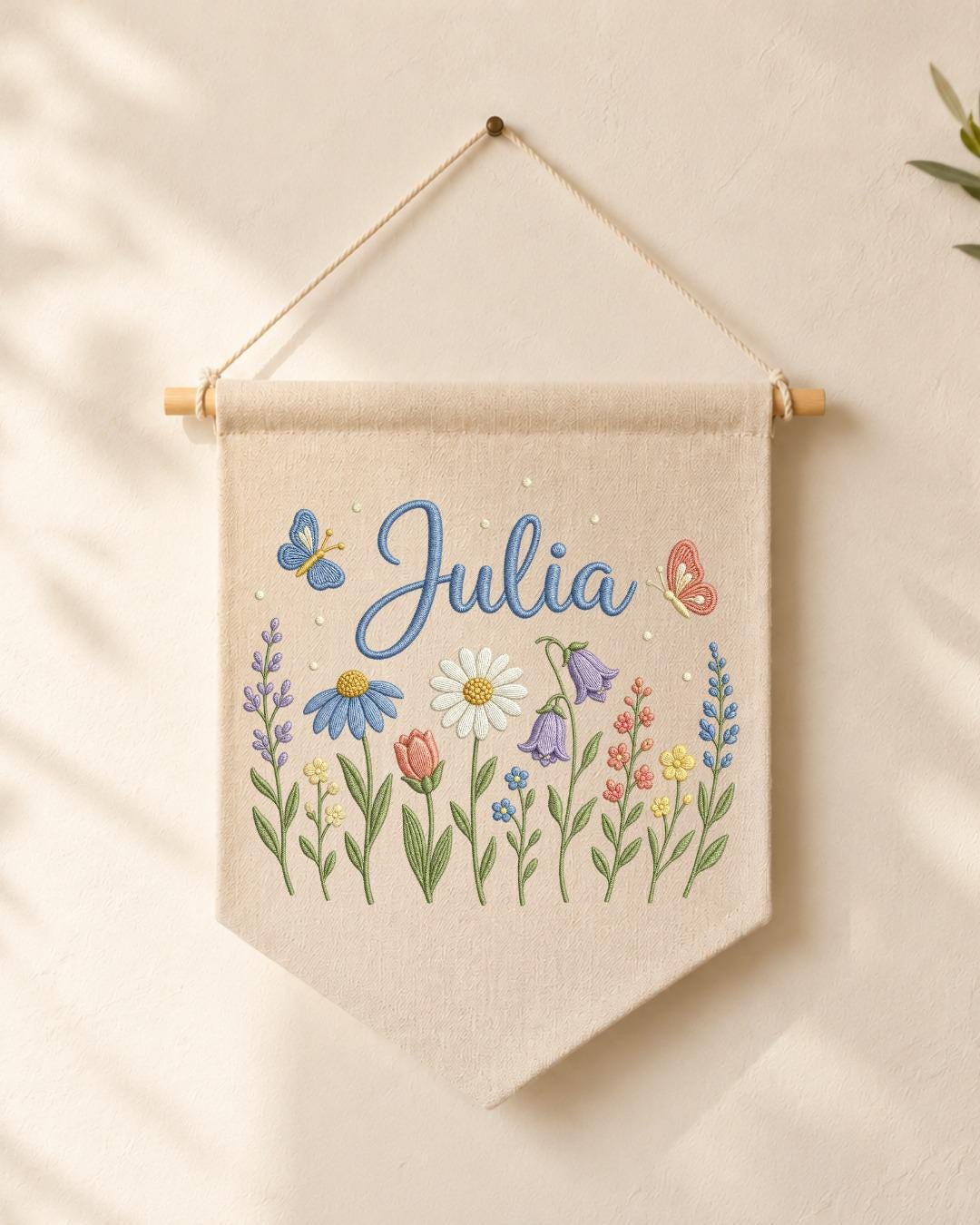 Personalized Floral Wildflower Wall Hanging, Custom Name Embroidered Banner, Baby Girl Nursery Decor, Botanical Room Decor, Baby Shower Gift