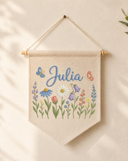 Personalized Floral Wildflower Wall Hanging, Custom Name Embroidered Banner, Baby Girl Nursery Decor, Botanical Room Decor, Baby Shower Gift