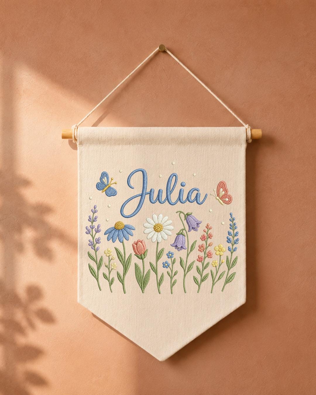 Personalized Floral Wildflower Wall Hanging, Custom Name Embroidered Banner, Baby Girl Nursery Decor, Botanical Room Decor, Baby Shower Gift