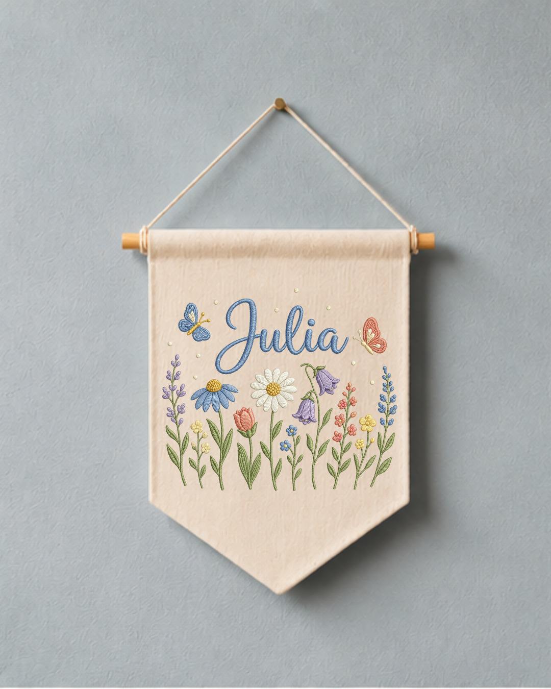 Personalized Floral Wildflower Wall Hanging, Custom Name Embroidered Banner, Baby Girl Nursery Decor, Botanical Room Decor, Baby Shower Gift