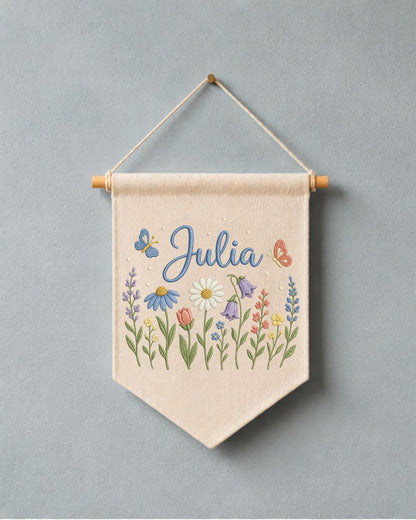 Personalized Floral Wildflower Wall Hanging, Custom Name Embroidered Banner, Baby Girl Nursery Decor, Botanical Room Decor, Baby Shower Gift