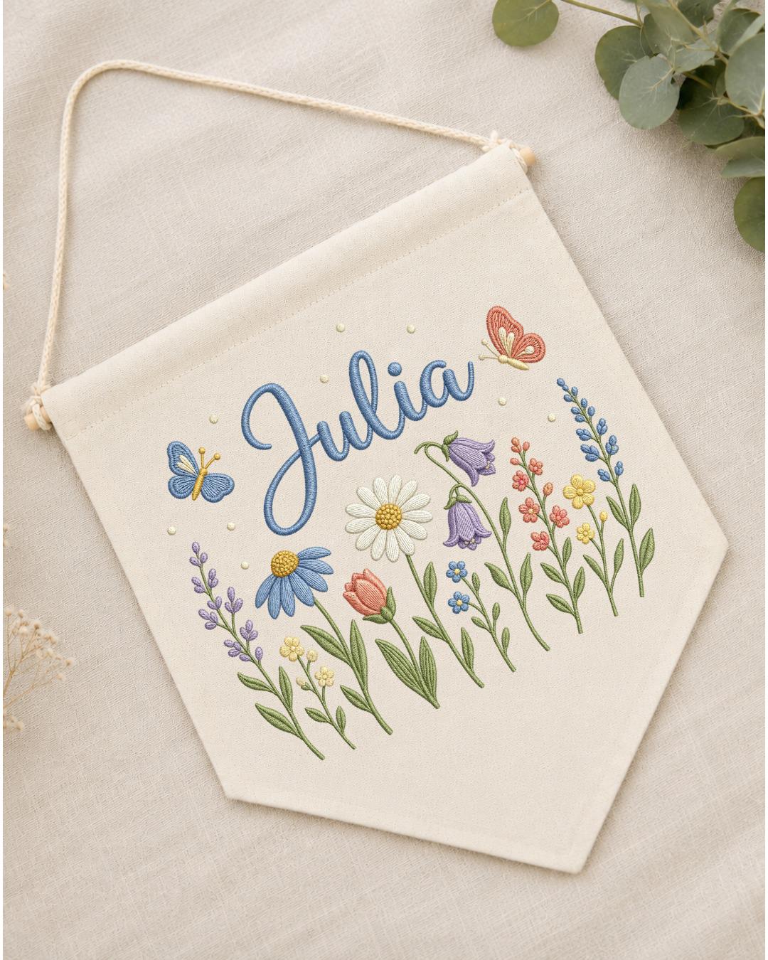 Personalized Floral Wildflower Wall Hanging, Custom Name Embroidered Banner, Baby Girl Nursery Decor, Botanical Room Decor, Baby Shower Gift
