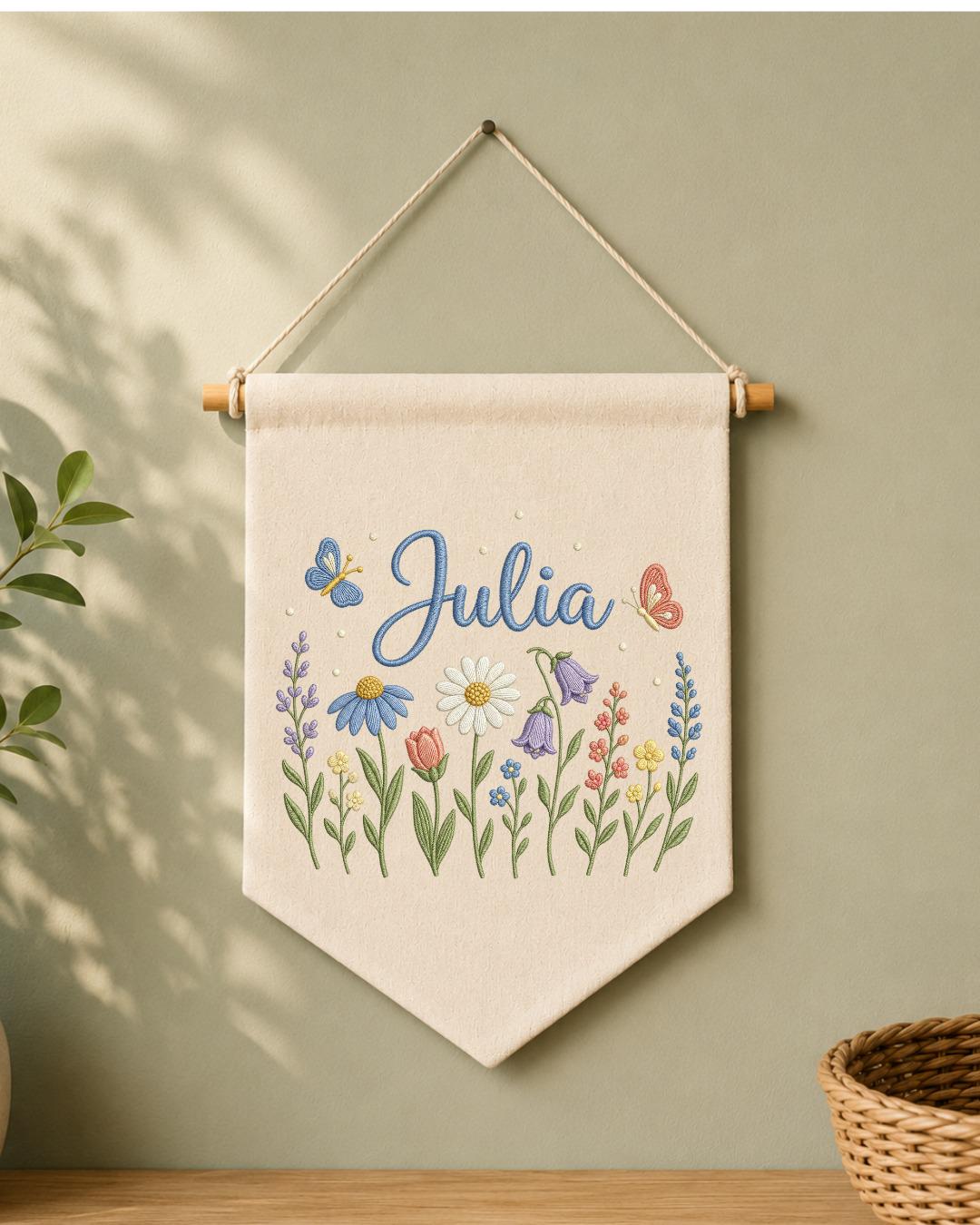 Personalized Floral Wildflower Wall Hanging, Custom Name Embroidered Banner, Baby Girl Nursery Decor, Botanical Room Decor, Baby Shower Gift