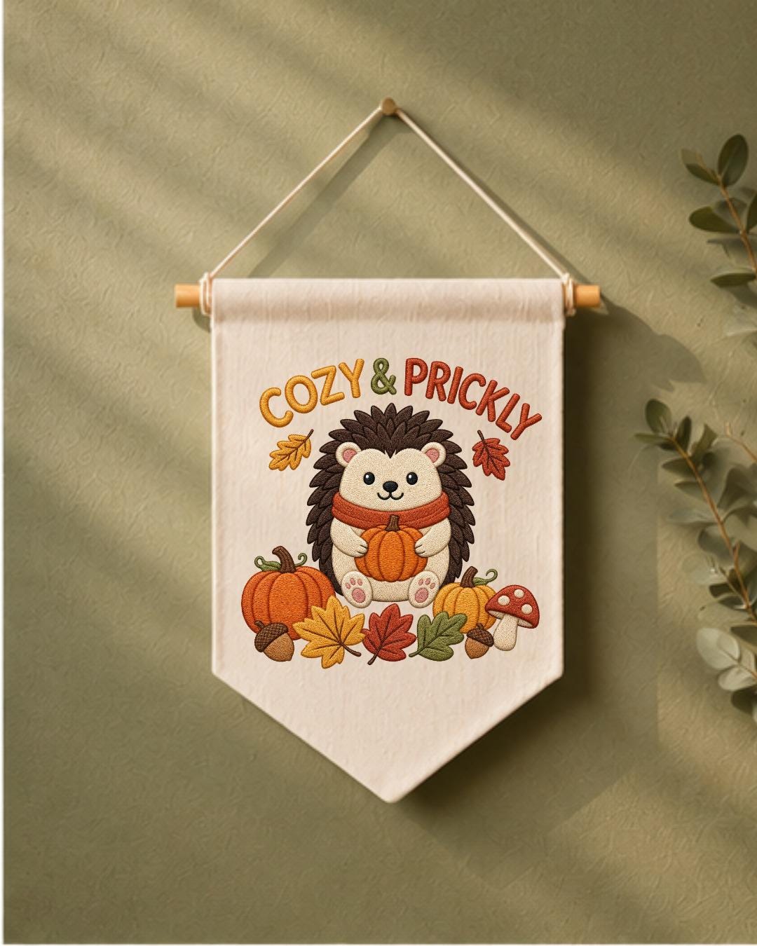 Autumn Hedgehog Embroidered Wall Hanging, Cozy Fall Nursery Banner, Pumpkin Woodland Decor, Cute Thanksgiving Kids Room Gift