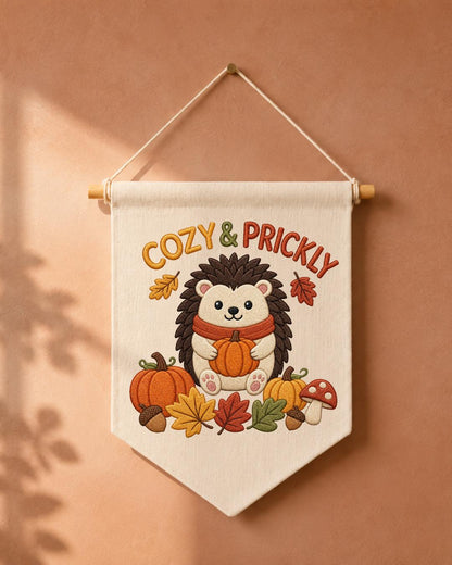 Autumn Hedgehog Embroidered Wall Hanging, Cozy Fall Nursery Banner, Pumpkin Woodland Decor, Cute Thanksgiving Kids Room Gift