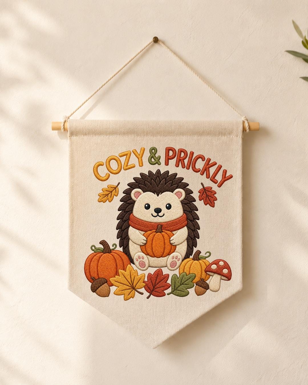 Autumn Hedgehog Embroidered Wall Hanging, Cozy Fall Nursery Banner, Pumpkin Woodland Decor, Cute Thanksgiving Kids Room Gift